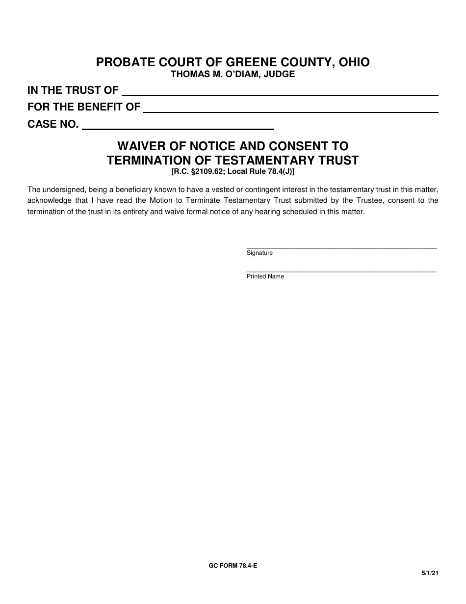 GC Form 78.4-E Waiver of Notice and Consent to Termination of Testamentary Trust - Greene County, Ohio, Page 1