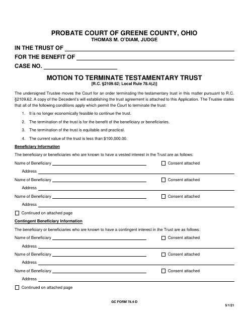 GC Form 78.4-D Motion to Terminate Testamentary Trust - Greene County, Ohio