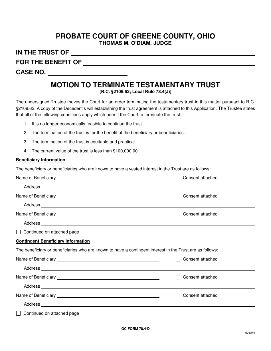GC Form 78.4-D Motion to Terminate Testamentary Trust - Greene County, Ohio, Page 1
