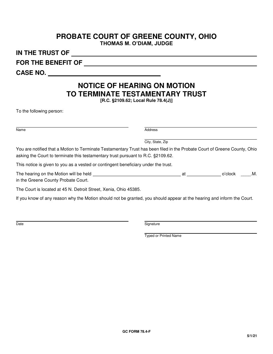 GC Form 78.4-F Notice of Hearing on Motion to Terminate Testamentary Trust - Greene County, Ohio, Page 1