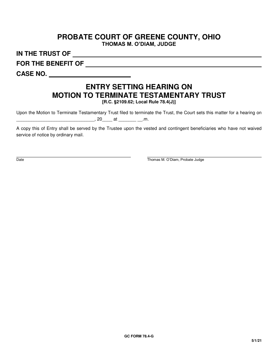 GC Form 78.4-G Entry Setting Hearing on Motion to Terminate Testamentary Trust - Greene County, Ohio, Page 1