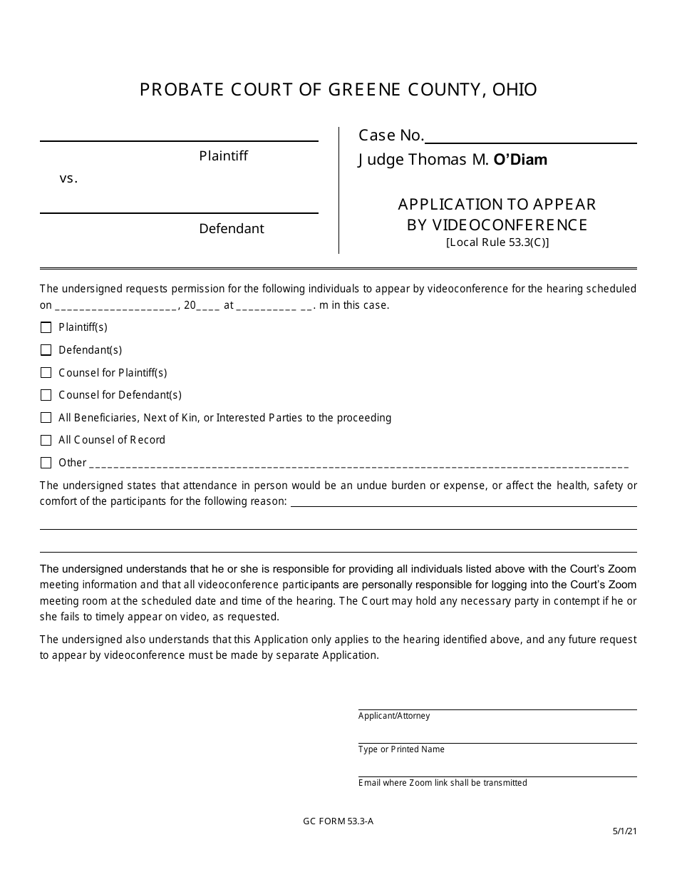 GC Form 53.3-A Application to Appear by Videoconference - Land Sale Proceeding - Greene County, Ohio, Page 1