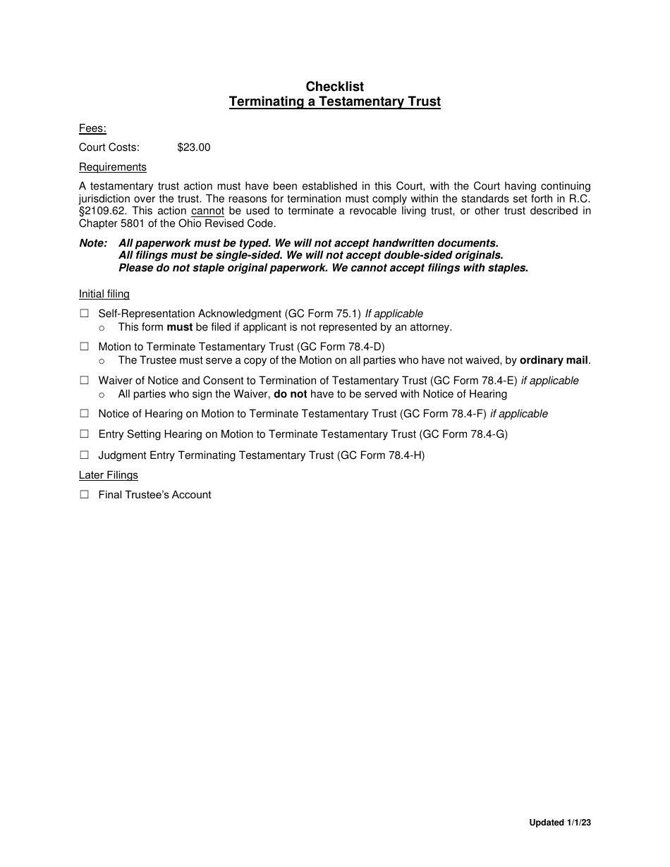 Checklist - Terminating a Testamentary Trust - Greene County, Ohio, Page 1