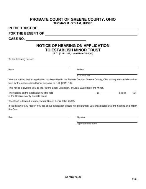 GC Form 78.4-M Notice of Hearing on Application to Establish Minor Trust - Greene County, Ohio