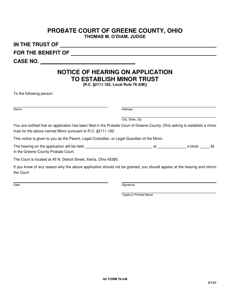 GC Form 78.4-M Notice of Hearing on Application to Establish Minor Trust - Greene County, Ohio, Page 1
