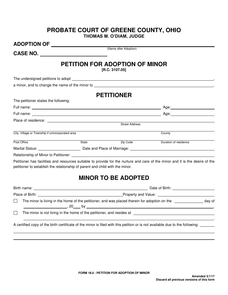 Form 18.0 Petition for Adoption of Minor - Greene County, Ohio, Page 1