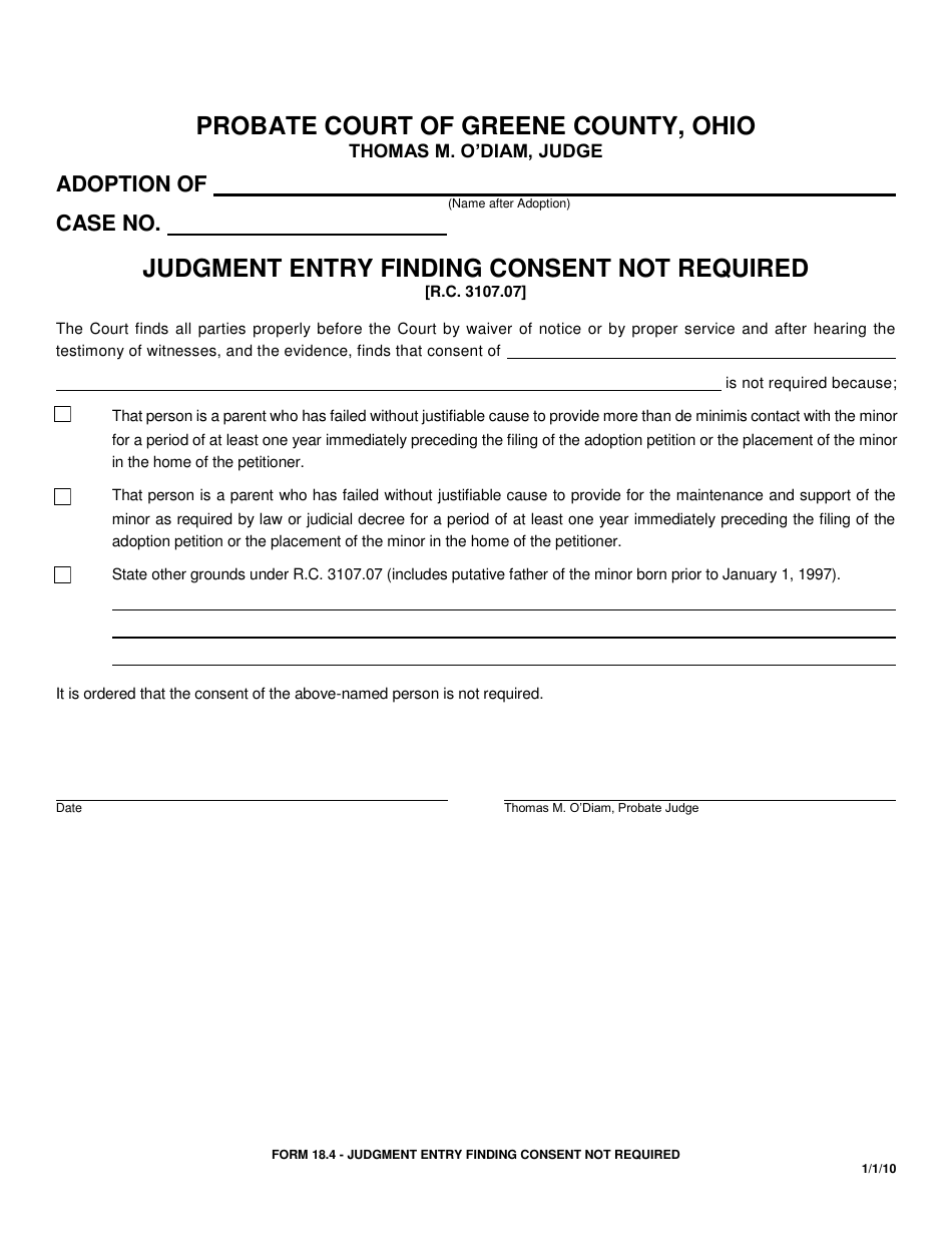 Form 18.4 Judgment Entry Finding Consent Not Required - Greene County, Ohio, Page 1