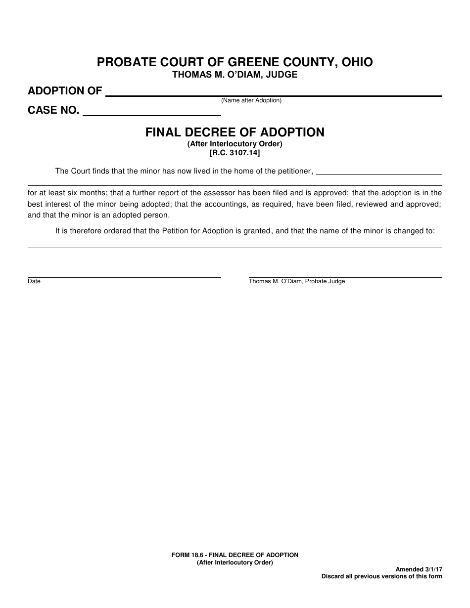 Form 18.6 Final Decree of Adoption - Greene County, Ohio, Page 1