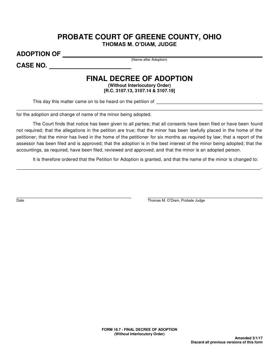 Form 18.7 Final Decree of Adoption (Without Interlocutory Order) - Greene County, Ohio, Page 1
