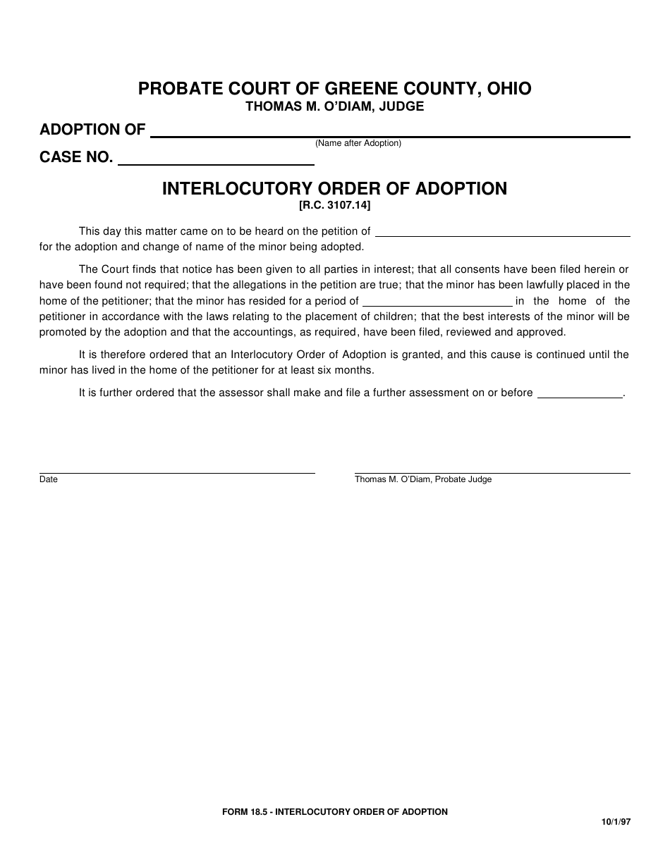 Form 18.5 Interlocutory Order of Adoption - Greene County, Ohio, Page 1