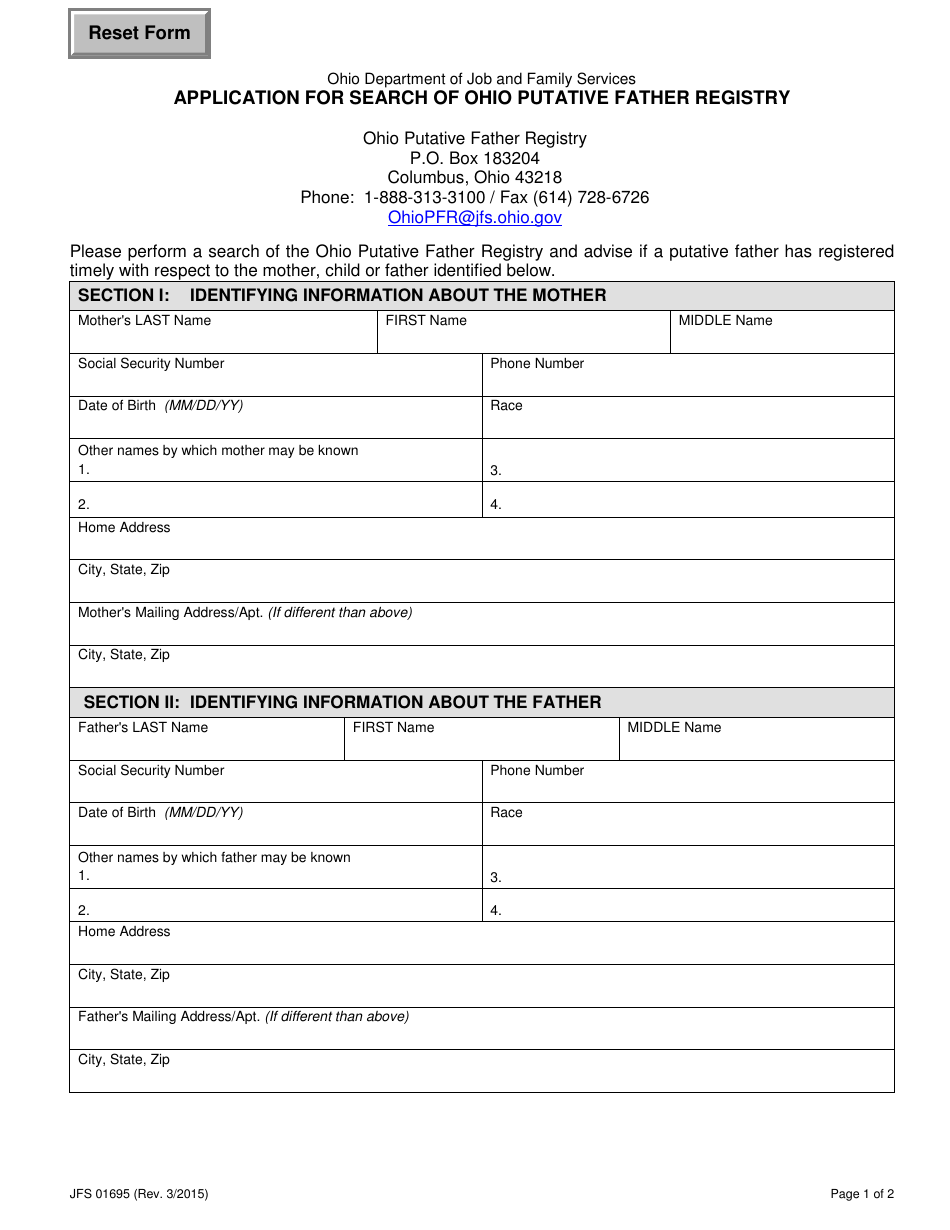 Form JFS01695 Application for Search of Ohio Putative Father Registry - Ohio, Page 1