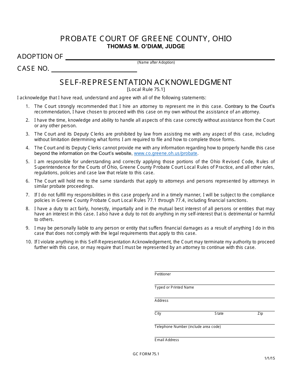 GC Form 75.1 Self-representation Acknowledgment - Adoption - Greene County, Ohio, Page 1