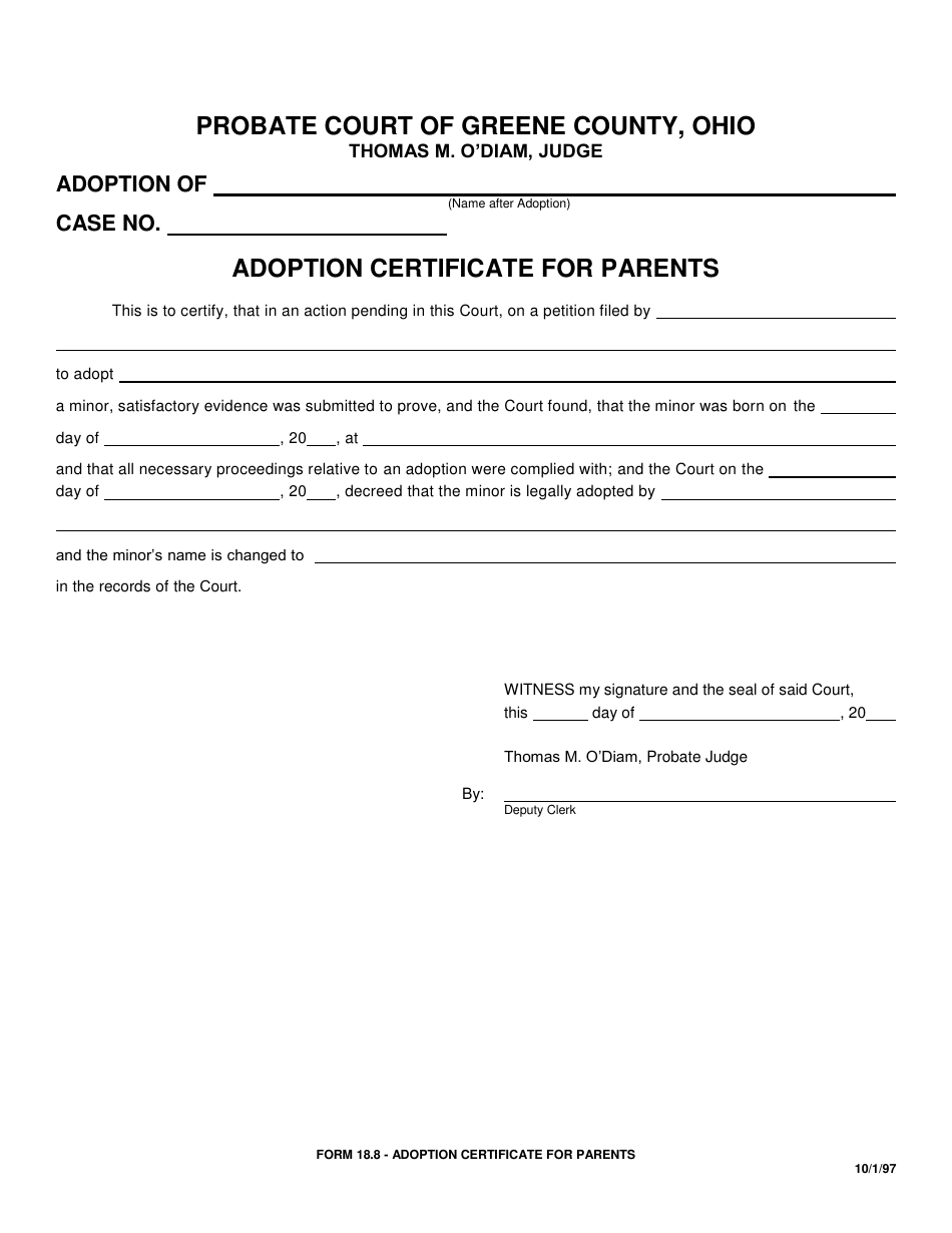 Form 18.8 Adoption Certificate for Parents - Greene County, Ohio, Page 1