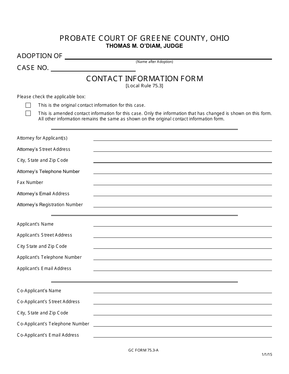 GC Form 75.3-A Contact Information Form - Adoption - Greene County, Ohio, Page 1