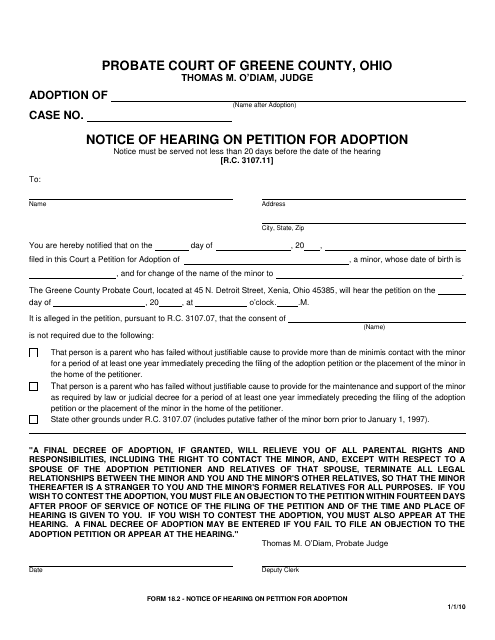 Form 18.2 Notice of Hearing on Petition for Adoption - Greene County, Ohio