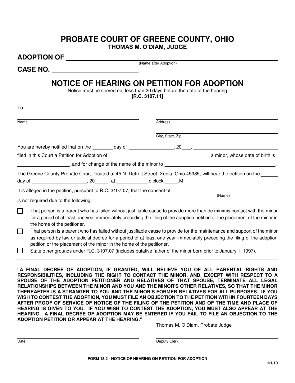 Form 18.2 Notice of Hearing on Petition for Adoption - Greene County, Ohio, Page 1