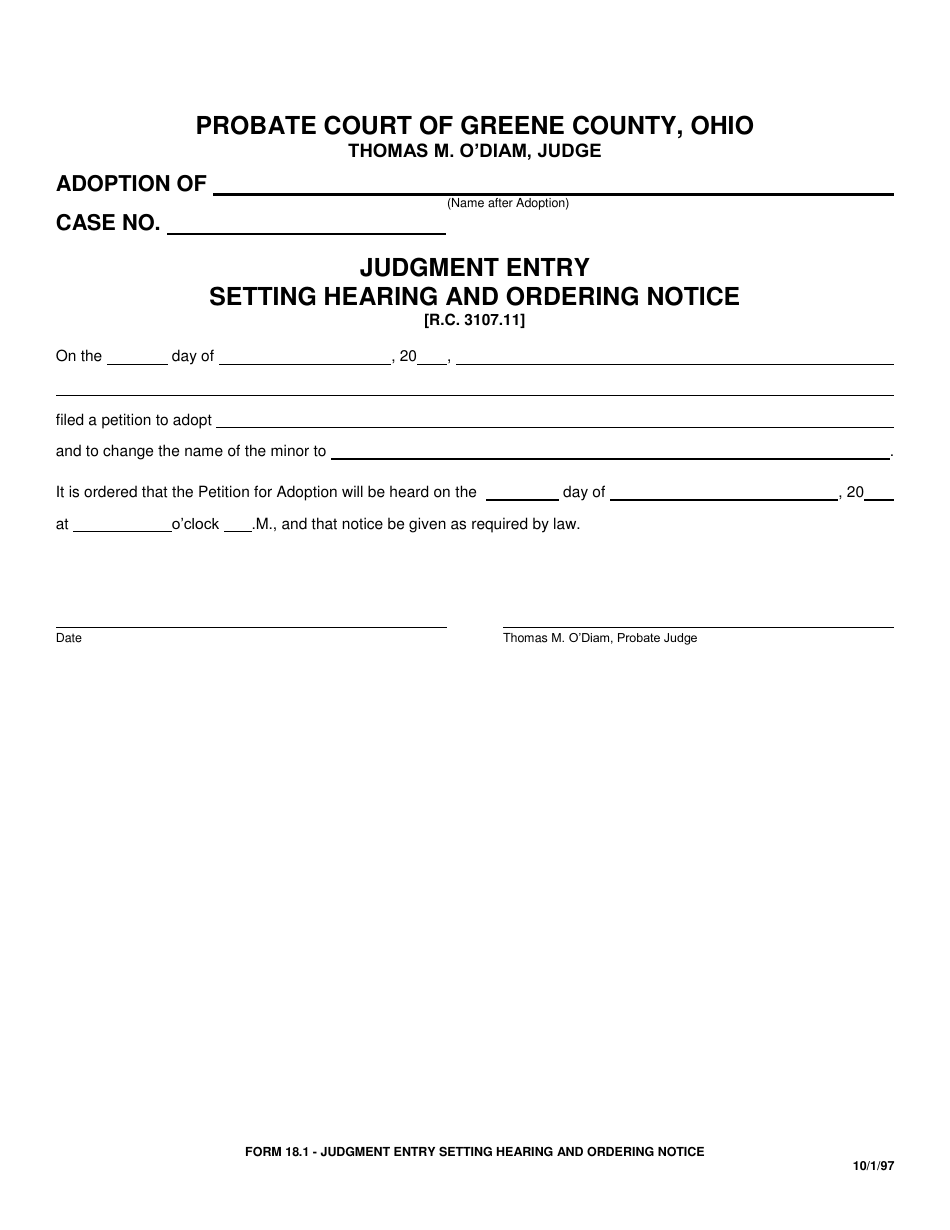 Form 18.1 Judgment Entry Setting Hearing and Ordering Notice - Greene County, Ohio, Page 1
