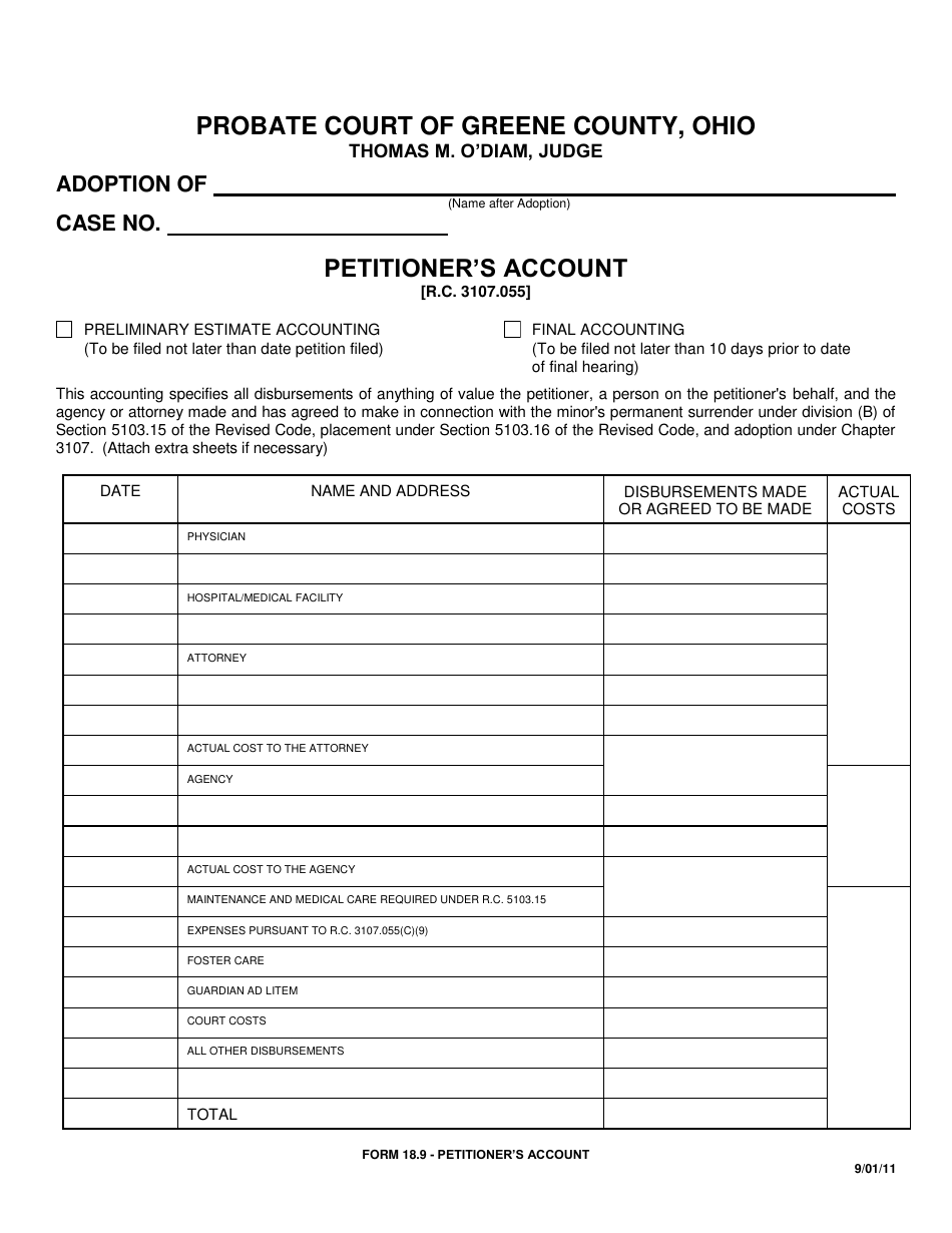 Form 18.9 Petitioners Account - Greene County, Ohio, Page 1