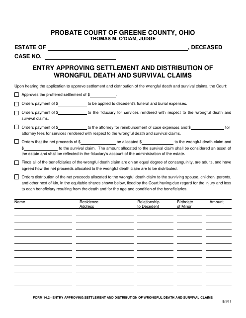 Form 14.2 Entry Approving Settlement and Distribution of Wrongful Death and Survival Claims - Greene County, Ohio