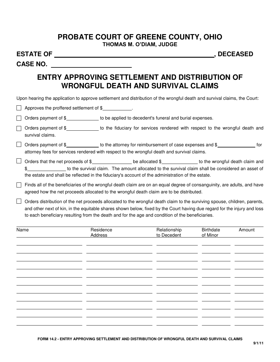Form 14.2 Entry Approving Settlement and Distribution of Wrongful Death and Survival Claims - Greene County, Ohio, Page 1