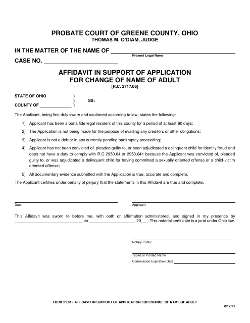 Form 21.01 Affidavit in Support of Application for Change of Name of Adult - Greene County, Ohio