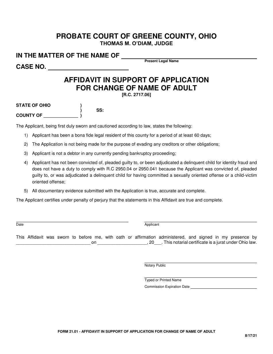 Form 21.01 Affidavit in Support of Application for Change of Name of Adult - Greene County, Ohio, Page 1