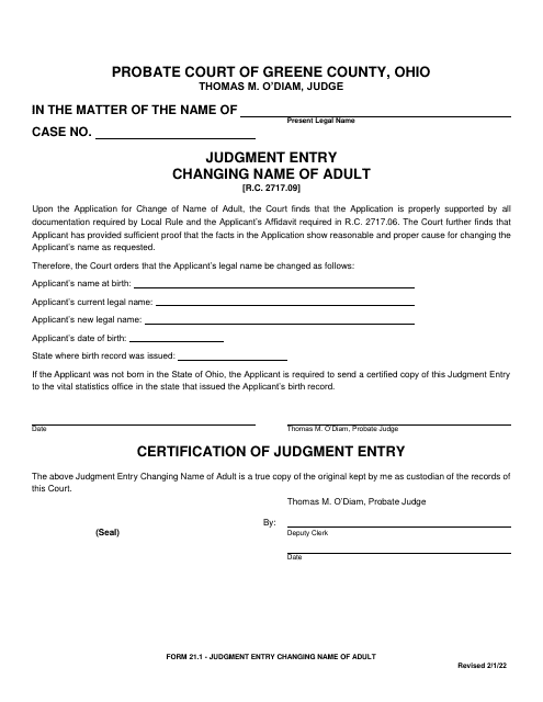 Form 21.1 Judgment Entry Changing Name of Adult - Greene County, Ohio