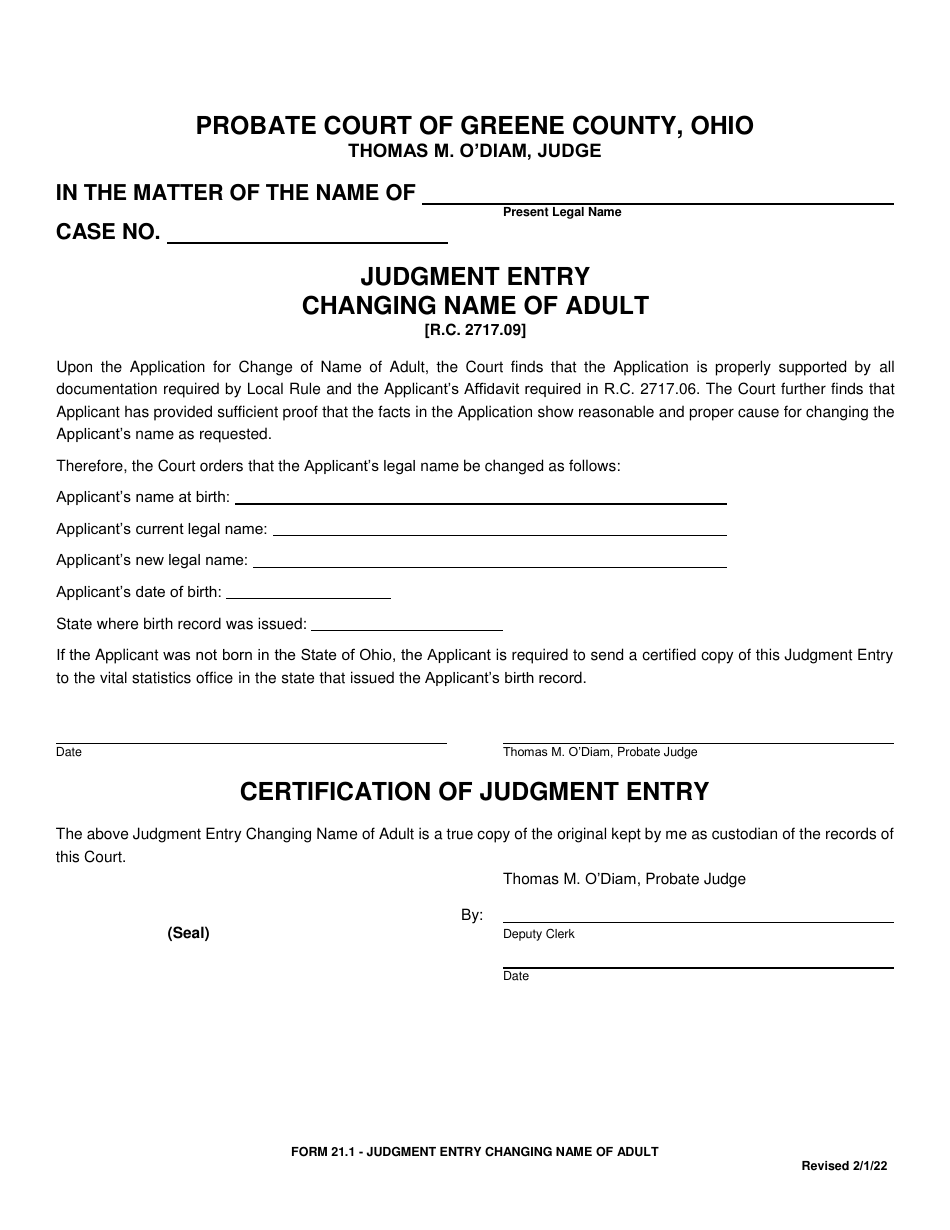 Form 21.1 Judgment Entry Changing Name of Adult - Greene County, Ohio, Page 1