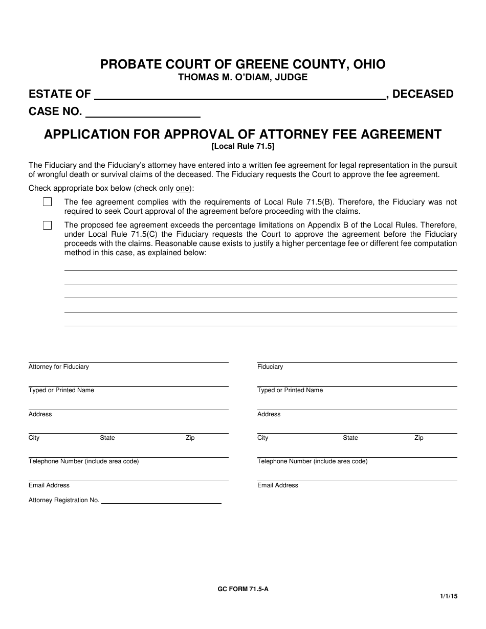 GC Form 71.5-A Application for Approval of Attorney Fee Agreement - Greene County, Ohio, Page 1