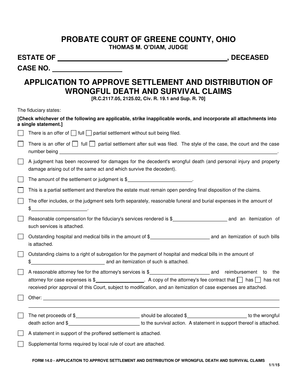 Form 14.0 Application to Approve Settlement and Distribution of Wrongful Death and Survival Claims - Greene County, Ohio, Page 1