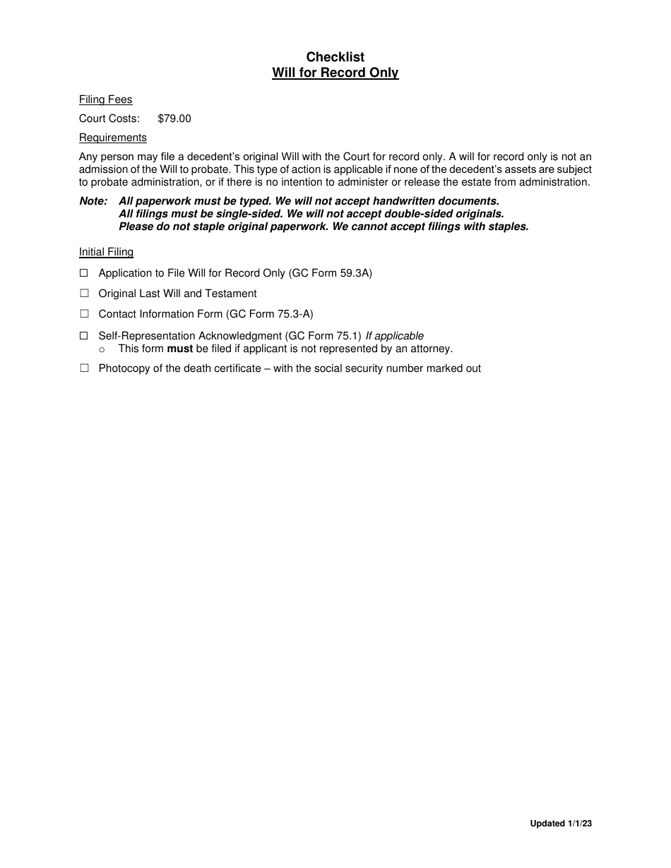 Greene County Ohio Checklist Will for Record Only Fill Out Sign