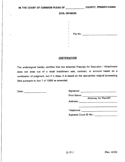 Form Q-1F-1 Certificate for Praecipe for Execution of Attachment - Luzerne County, Pennsylvania
