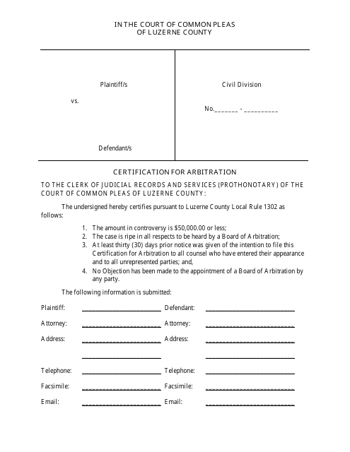Certification for Arbitration - Luzerne County, Pennsylvania Download Pdf