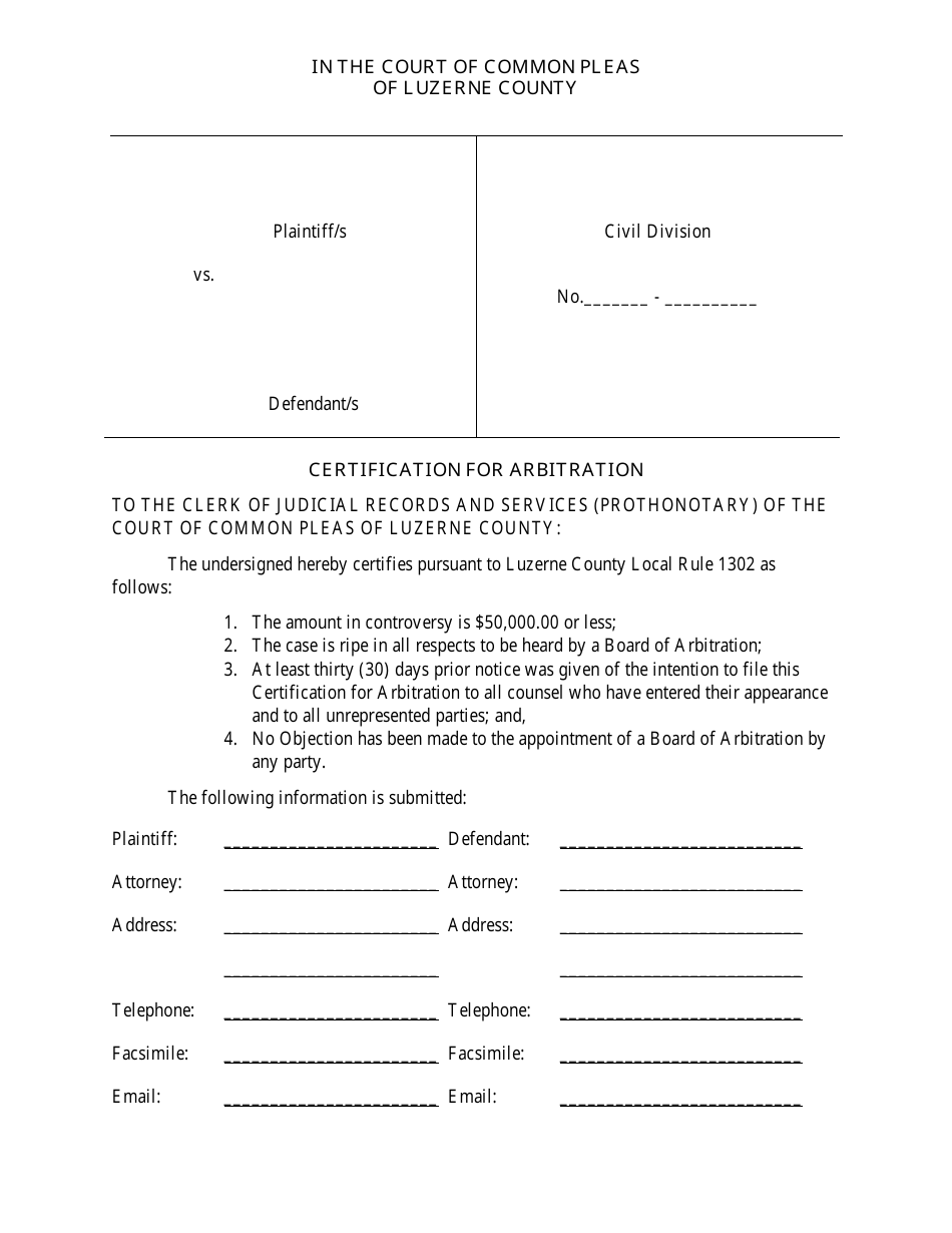 Certification for Arbitration - Luzerne County, Pennsylvania, Page 1