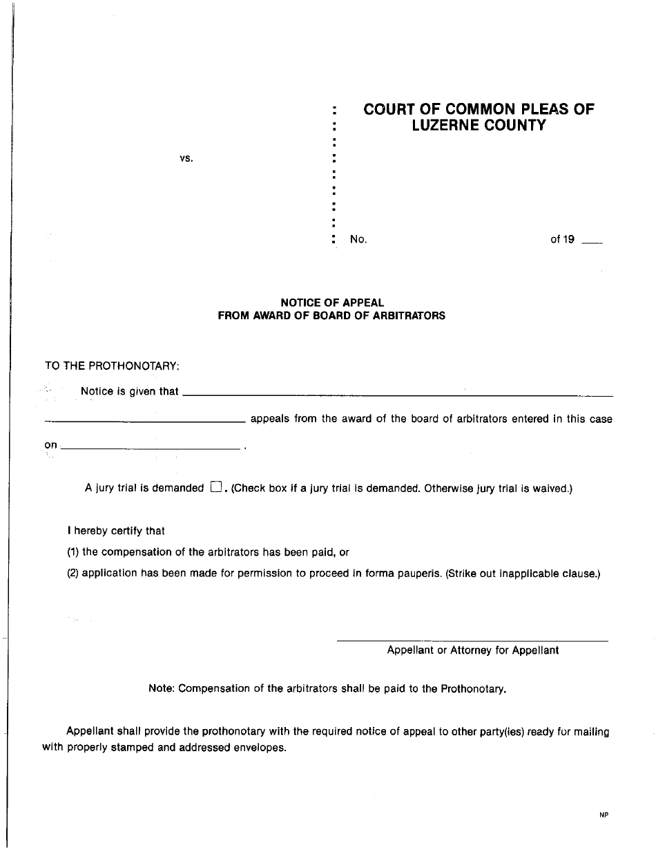 Notice of Appeal From Award of Board of Arbitrators - Luzerne County, Pennsylvania, Page 1