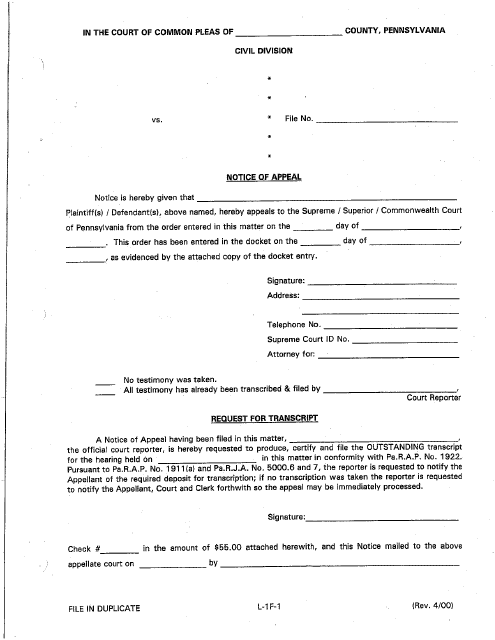 Form L-1F-1 Notice of Appeal to Appellate Court - Luzerne County, Pennsylvania