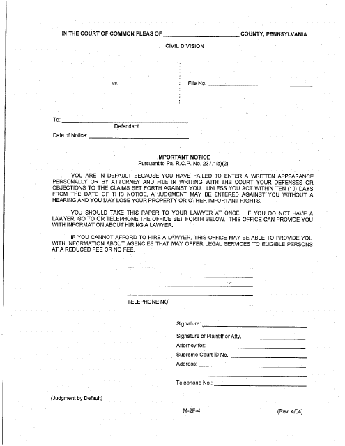 Form M-2F-4 Notice of Filing Judgment - Luzerne County, Pennsylvania