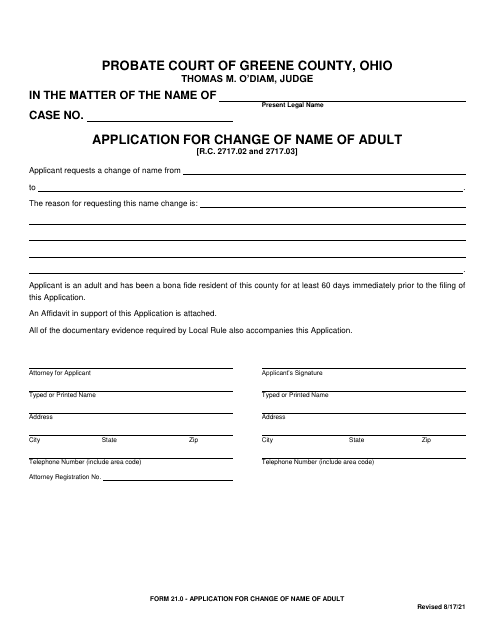 Form 21.0 Application for Change of Name of Adult - Greene County, Ohio