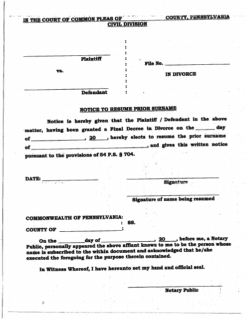 Notice to Resume Prior Surname - Divorce - Luzerne County, Pennsylvania Download Pdf