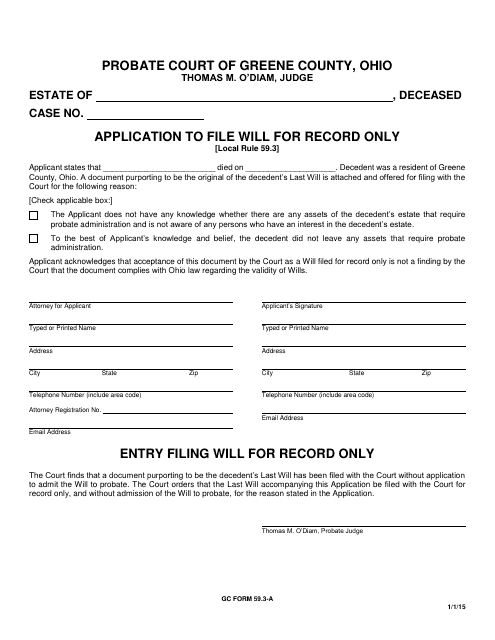 GC Form 59.3-A Application to File Will for Record Only - Greene County, Ohio