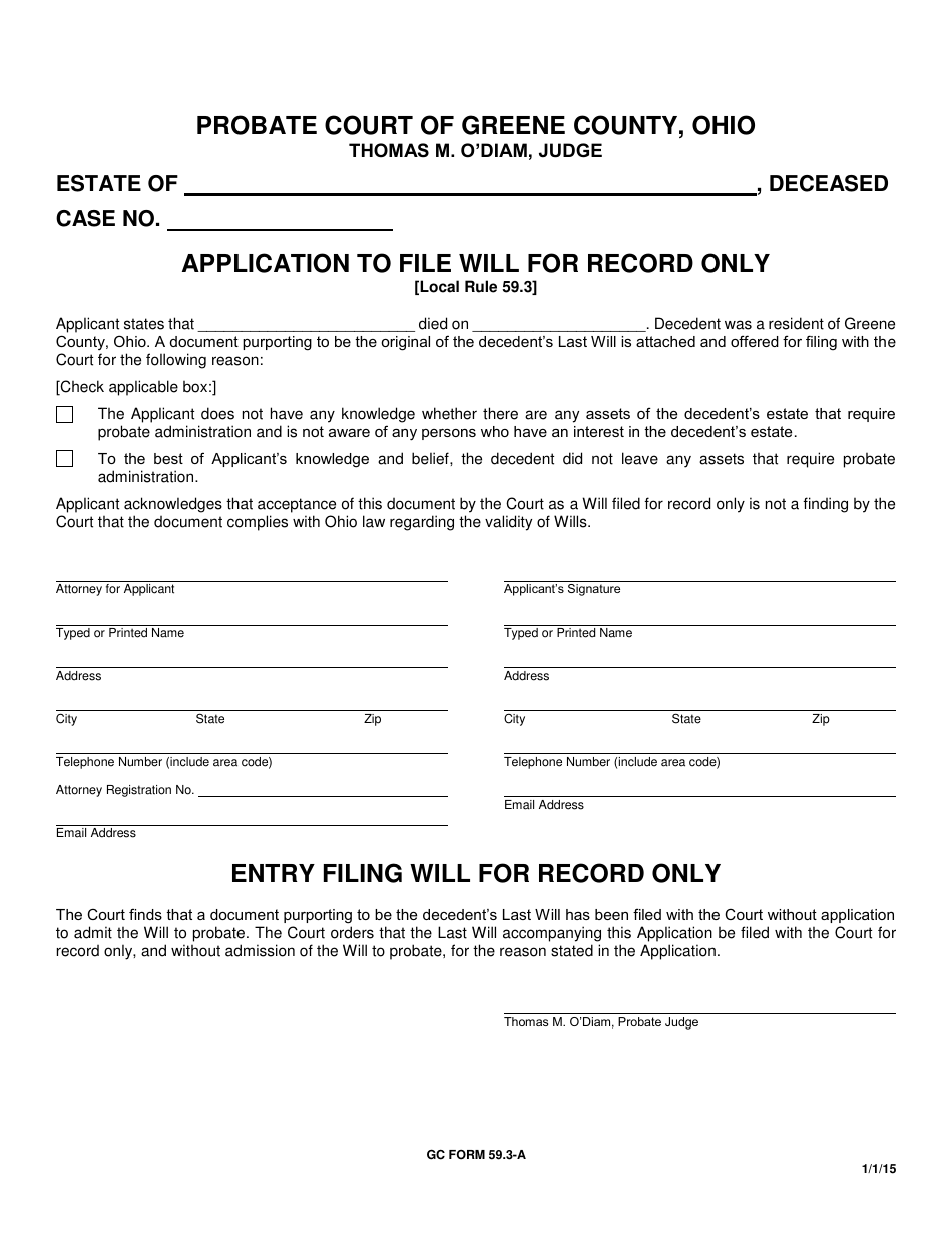 GC Form 59.3-A Application to File Will for Record Only - Greene County, Ohio, Page 1