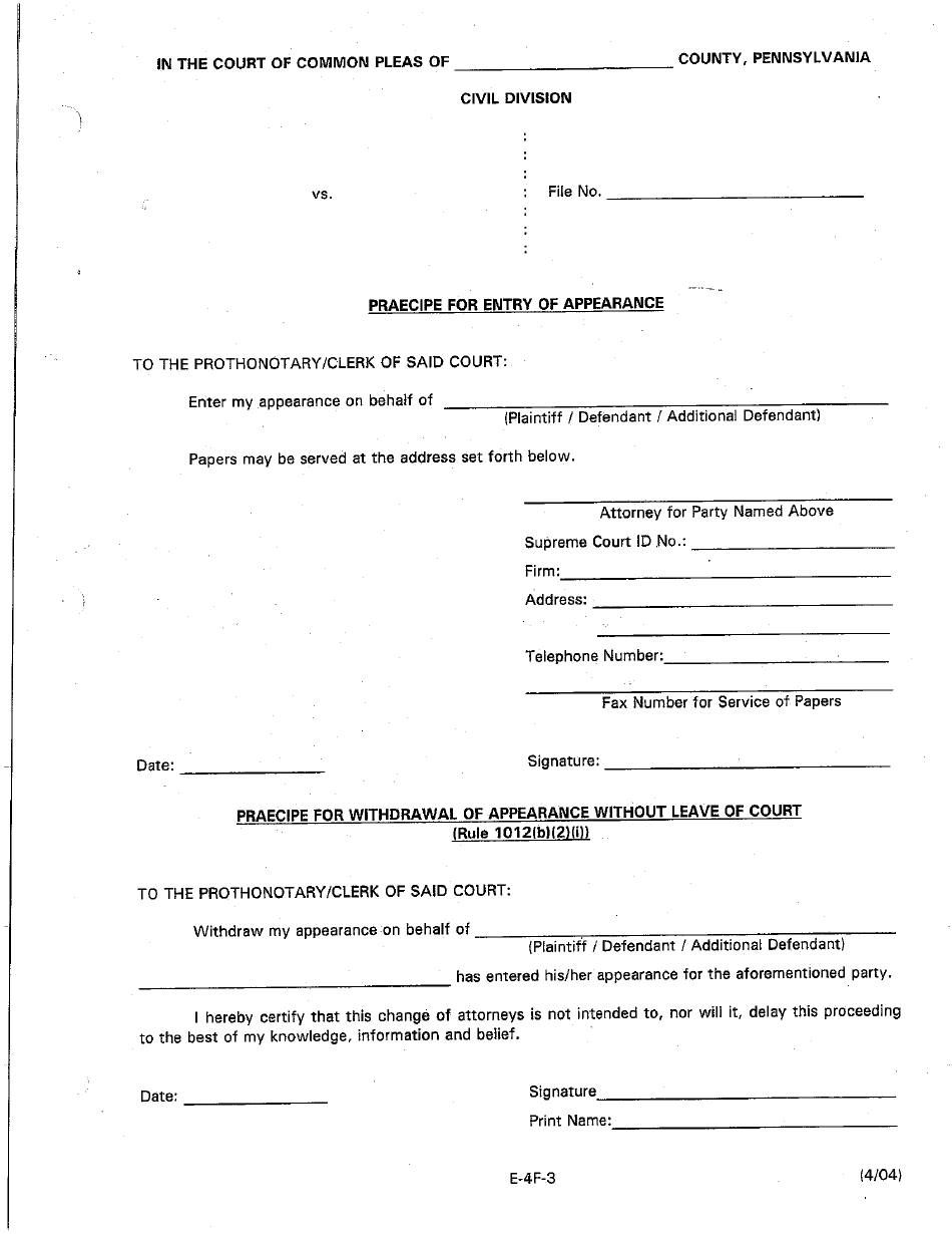 Form E-4F-3 Praecipe for Entry and Withdrawal of Appearance - Luzerne County, Pennsylvania, Page 1