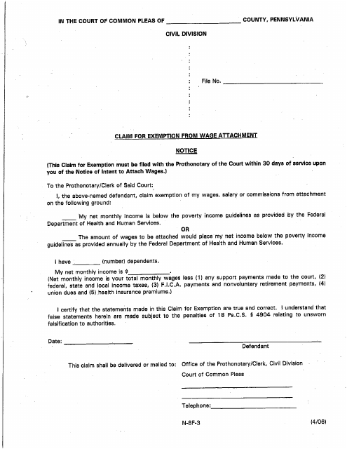 Form N-8F-3 Claim for Exemption From Wage Attachment - Luzerne County, Pennsylvania