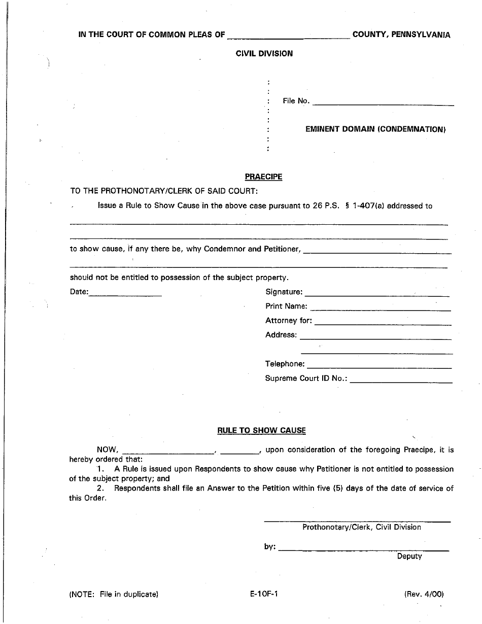 Form E-10F-1 Praecipe for Rule to Show Cause - Eminent Domain - Luzerne County, Pennsylvania, Page 1