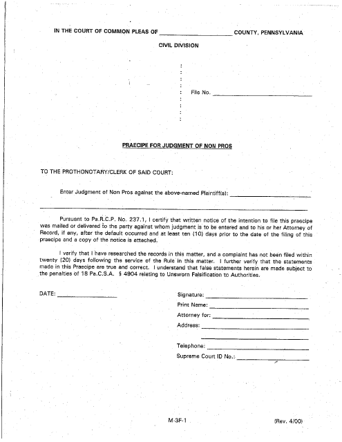 Form M-3F-1 Praecipe for Judgment Non Pros - Luzerne County, Pennsylvania