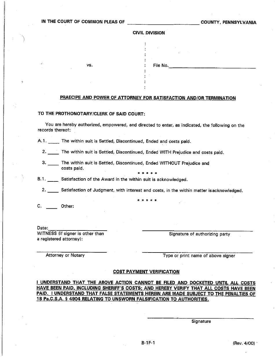 Form B-1F-1 Praecipe and Power of Attorney for Satisfaction and / or Termination - Luzerne County, Pennsylvania, Page 1