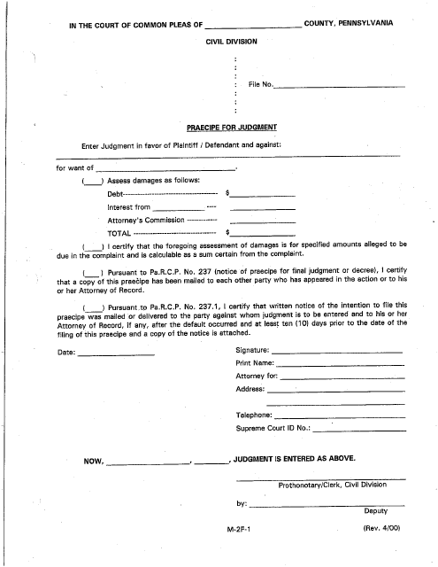 Form M-2F-1 Praecipe for Judgment - Luzerne County, Pennsylvania