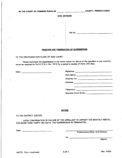 Form E-2F-1 Praecipe for Termination of Supersedeas - Luzerne County, Pennsylvania