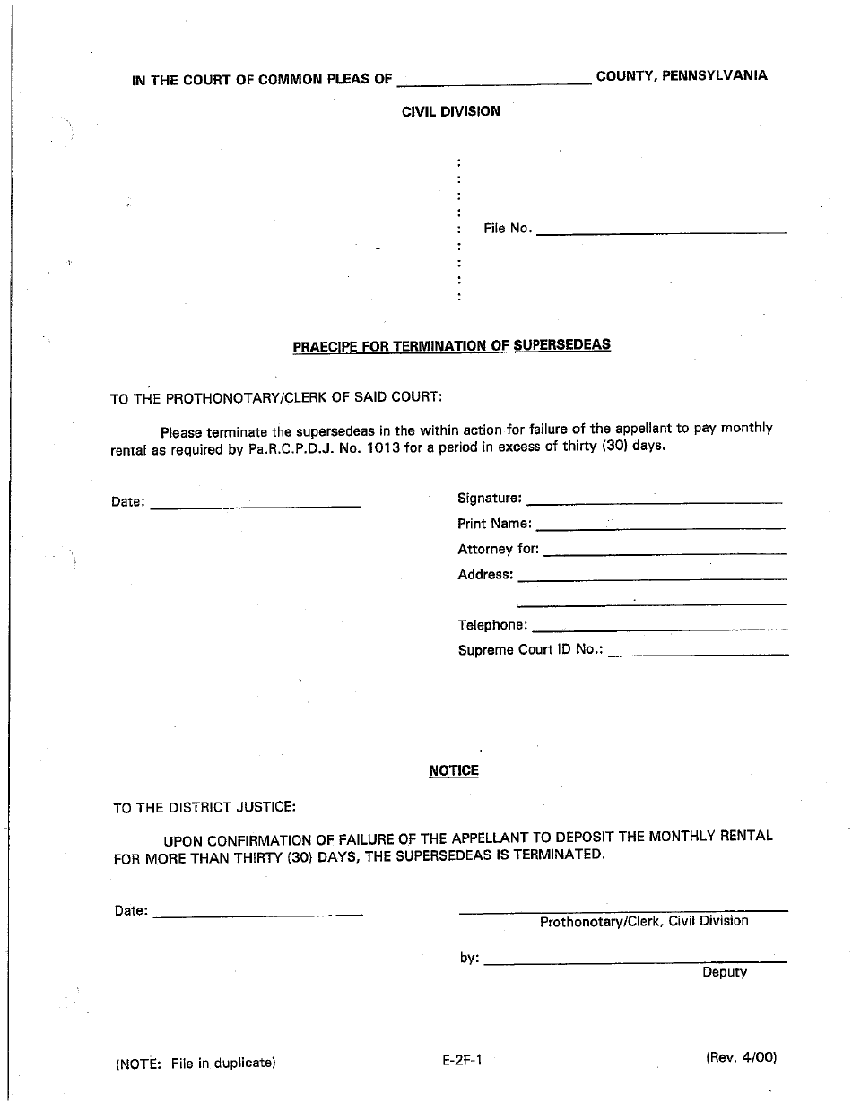 Form E-2F-1 Praecipe for Termination of Supersedeas - Luzerne County, Pennsylvania, Page 1