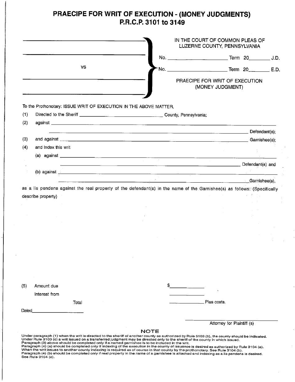 Luzerne County Pennsylvania Praecipe For Writ Of Execution Money Judgment Fill Out Sign